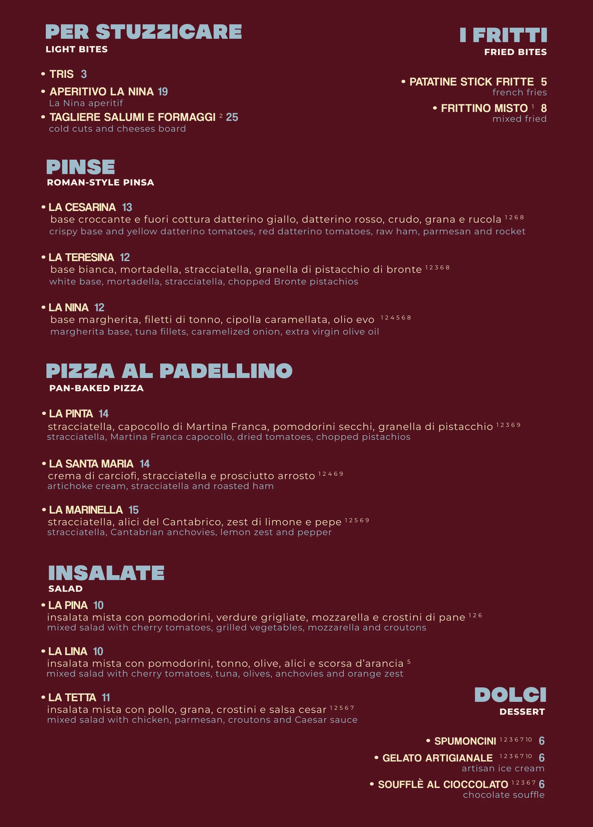 Carta del brunch e della cena, il cibo: per stuzzicare, i fritti, pinse, pizza al padellino, insalate e dolci, con i prezzi