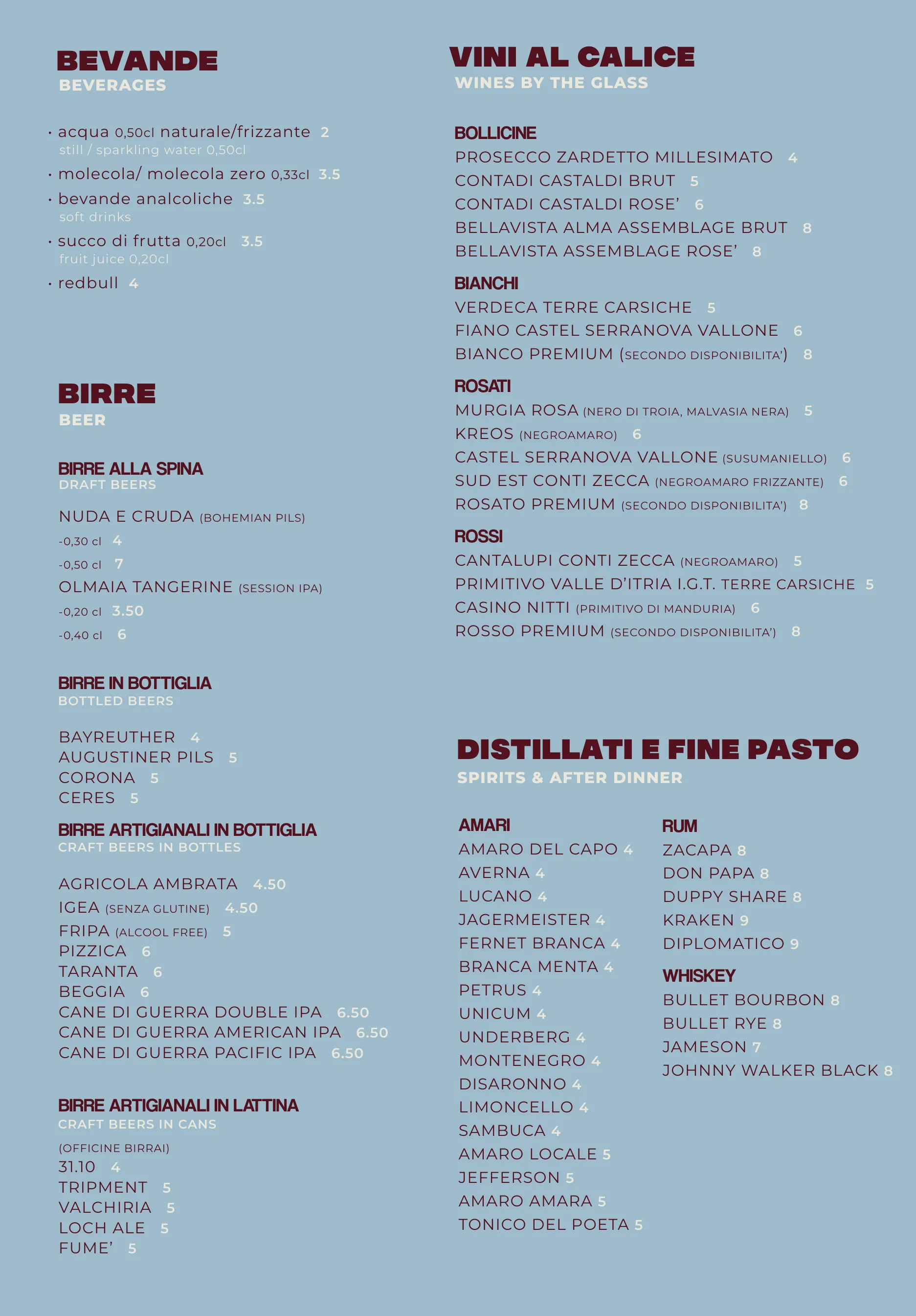 Carta del brunch e della cena, da bere: bevande, birre alla spina, in bottiglia e artigianali, vini al calice e distillati, con i prezzi