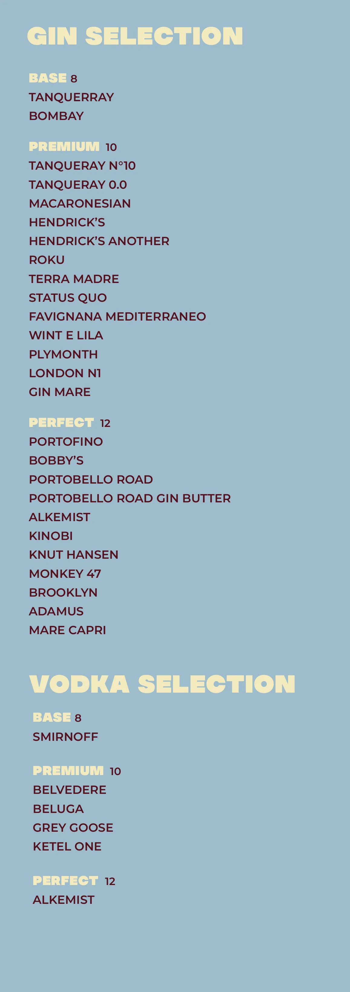 Drink list: gin selection e vodka selection, con i prezzi